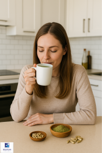 woman using red vein kratom tea and capsules